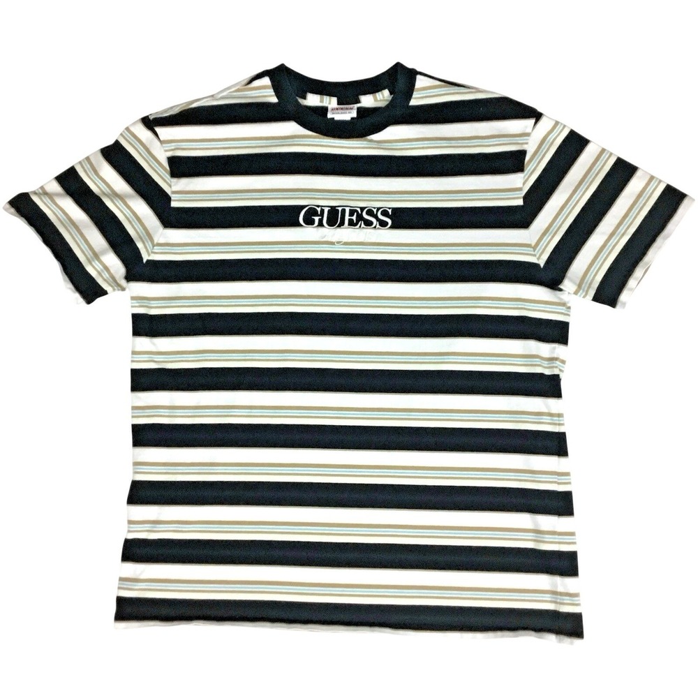 Guess Originals Men Striped T-Shirt Black White Tan Blue Embroidered Logo Size M